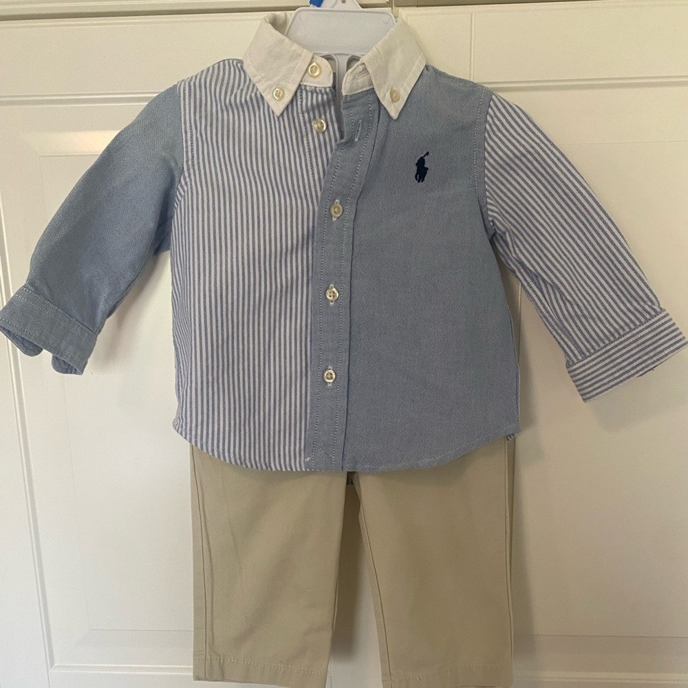 New no tags Polo Ralph Lauren Baby Boys Stripe Shirt Khaki 2 Piece Set 9 Months